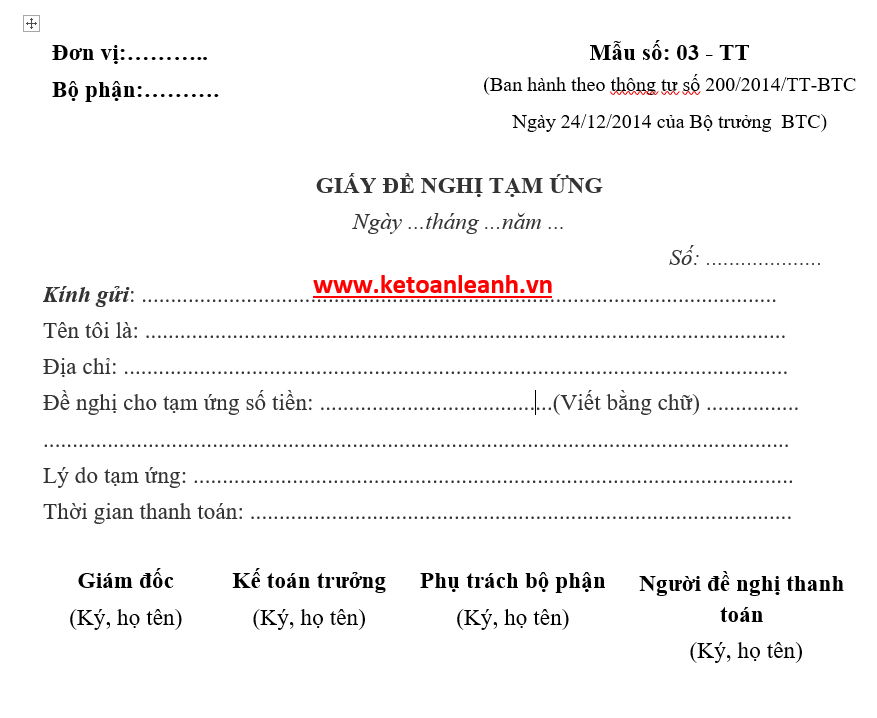 Giấy Đề Nghị Tạm Ứng (Mẫu Số 03 – Tt)