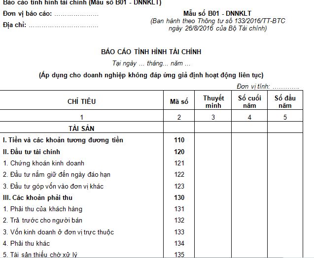 Báo Cáo Tình Hình Tài Chính Mẫu Số B01- Dnnklt Theo Thông Tư 133