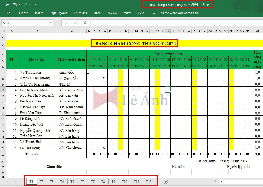 Mẫu bảng chấm công Excel 2024