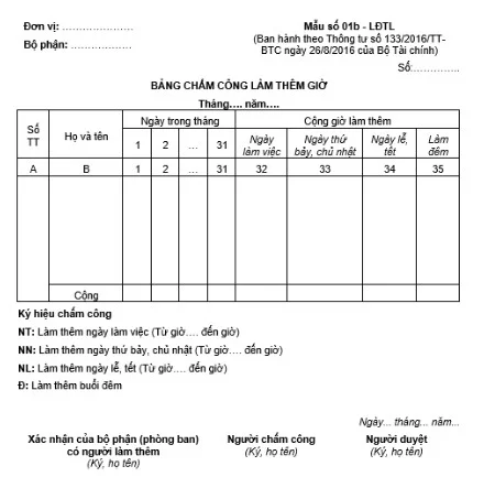 Mẫu bảng chấm công làm thêm giờ theo Thông tư 133