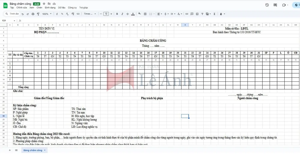 Bảng chấm công theo Thông tư 133/2016/TT-BTC