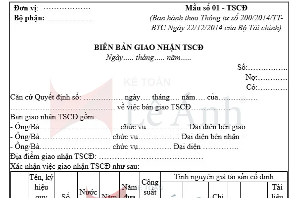 BIÊN BẢN GIAO NHẬN TÀI SẢN CỐ ĐỊNH (Mẫu số 01 - TSCĐ)