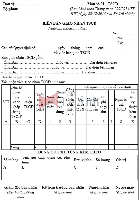 Mẫu số 01 - TSCĐ: Biên bản giao nhận tài sản cố định 