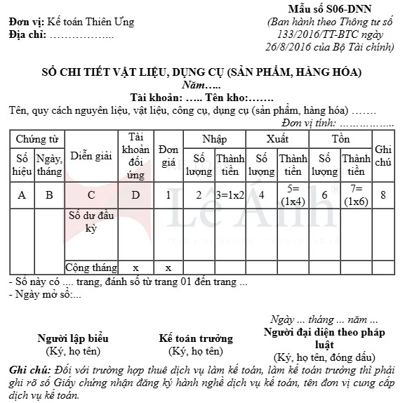 Mẫu sổ chi tiết vật liệu, dụng cụ, sản phẩm, hàng hoá theo Thông tư 133/2016/TT-BTC