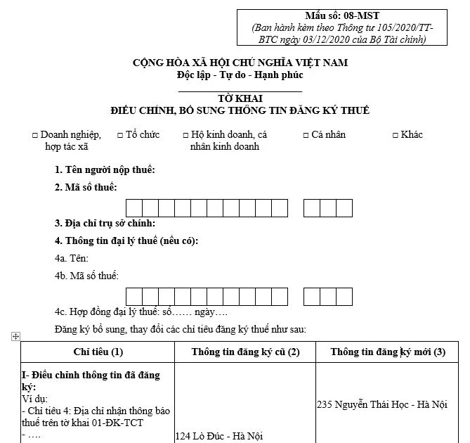 Mẫu 08-MST Tờ khai đăng ký điều chỉnh, bổ sung thông tin đăng ký thuế